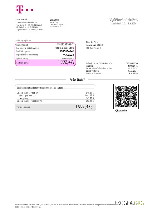 République tchèque T Modèle Word et PDF de facture de services publics mobiles pour les entreprises (2)